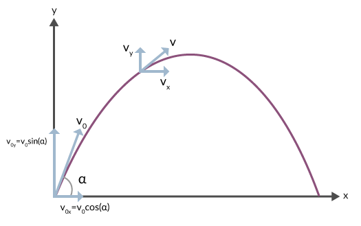Kaströrelse med banan och hastighetsvektorer inritade. Vinkeln mellan utgångshastigheten och x-axeln kallas för elevationsvinkel.