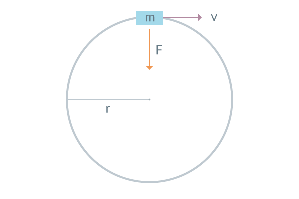 Figur 1. Centripetalkraft (F) med massan (m), hastigheten (v) och radien (r) utmärkt.