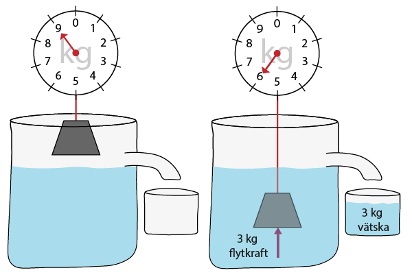 Arkimedes princip visas med hjälp av en tyngd som sänks ner i en behållare med vätska.