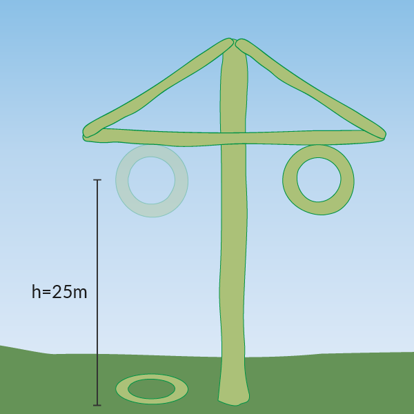 Illustration över midsommarstång och ringar som lyfts upp till 25 meters höjd. Figuren är ej skalenlig.